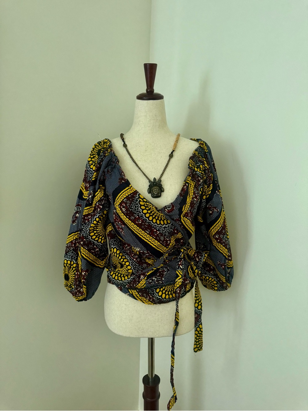 Vintage African Wax Print Wrap Top Puff Sleeve Boho Blouse - Picture 4 of 10